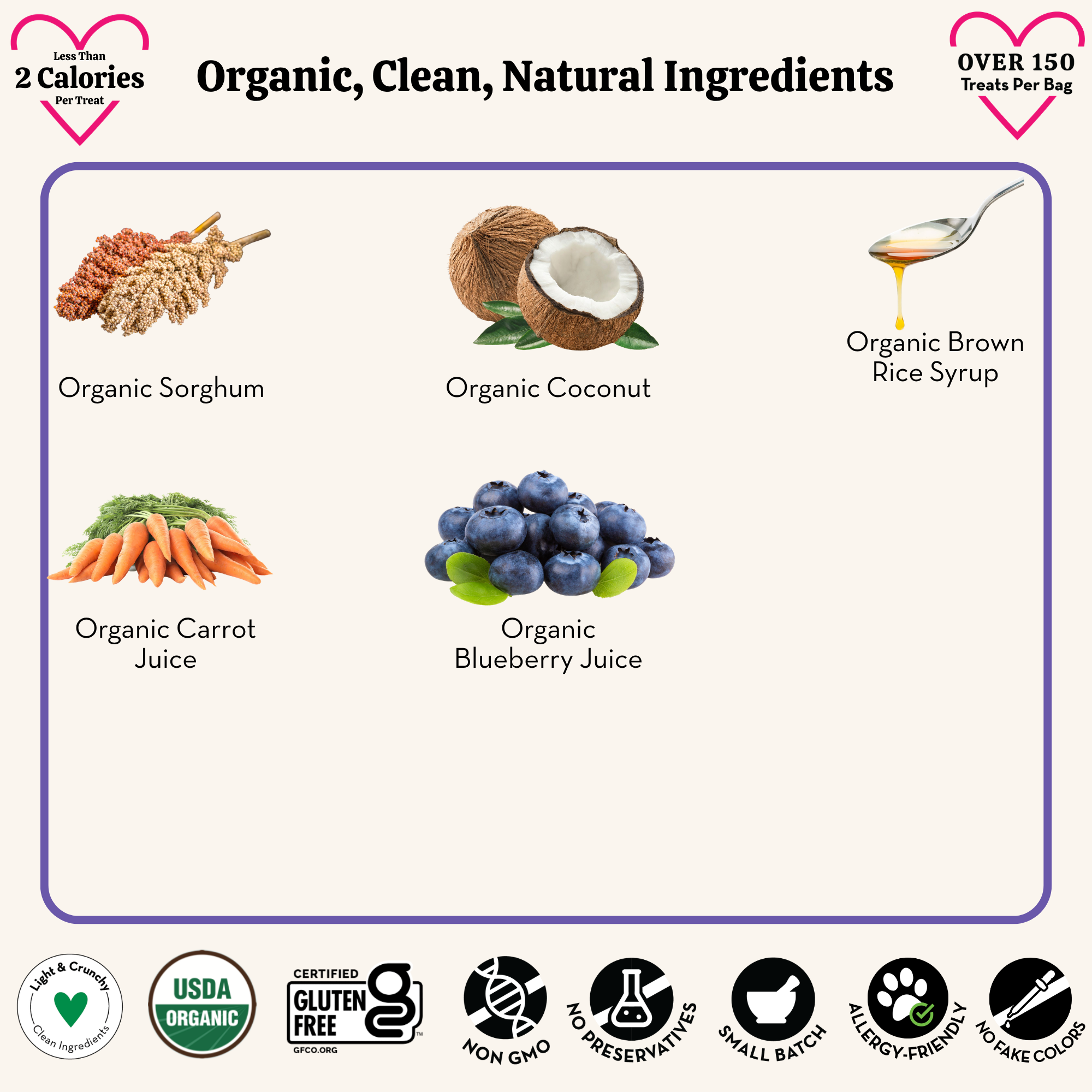 List of organic ingredients including sorghum, coconut, brown rice syrup, carrots, blueberries, and carrot juice, with certification logos at the bottom.