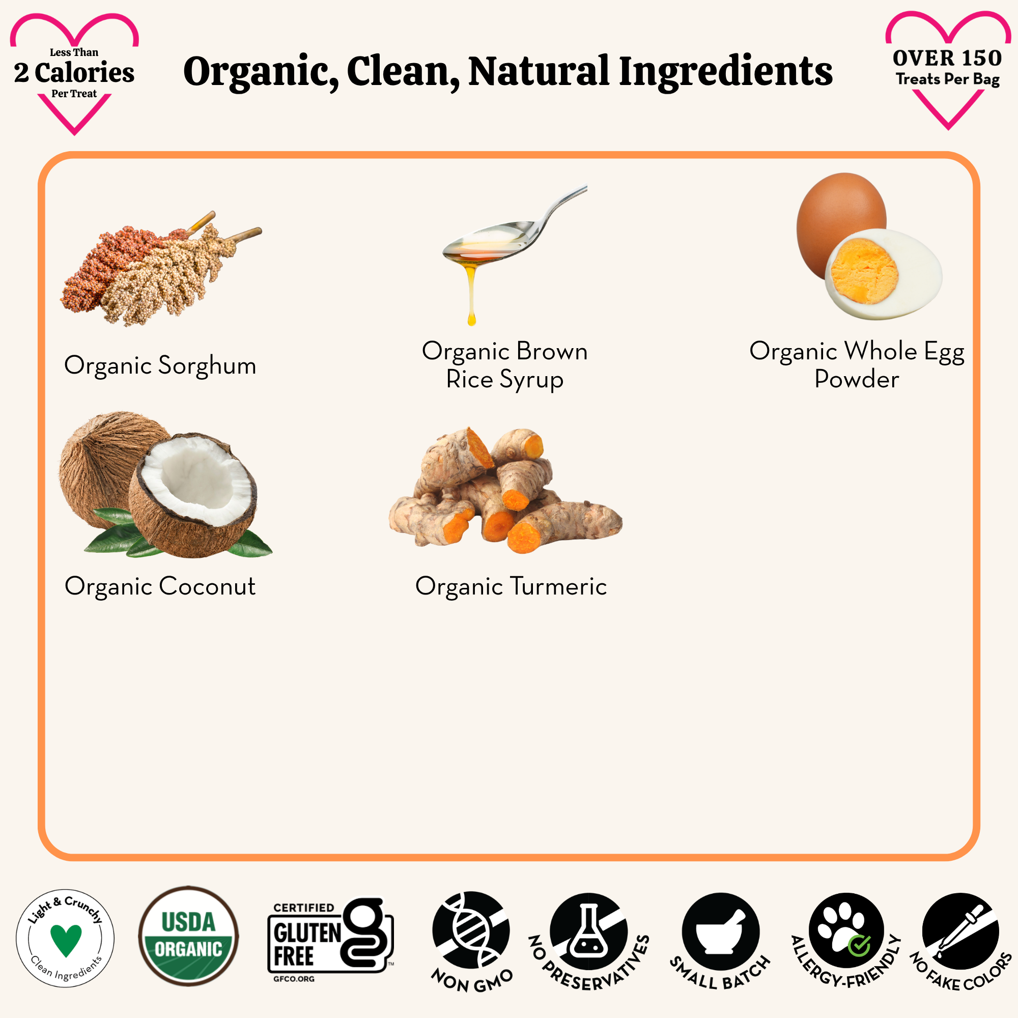 List of organic ingredients including sorghum, brown rice syrup, whole egg powder, coconut, and turmeric on a white background.