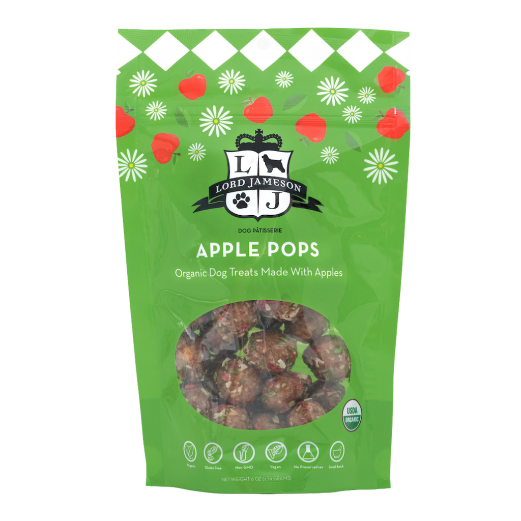 Lord Jameson's apple pops organic dog treats combine juicy apple bits with cranberries and wild blueberries for a mouthwatering experience.