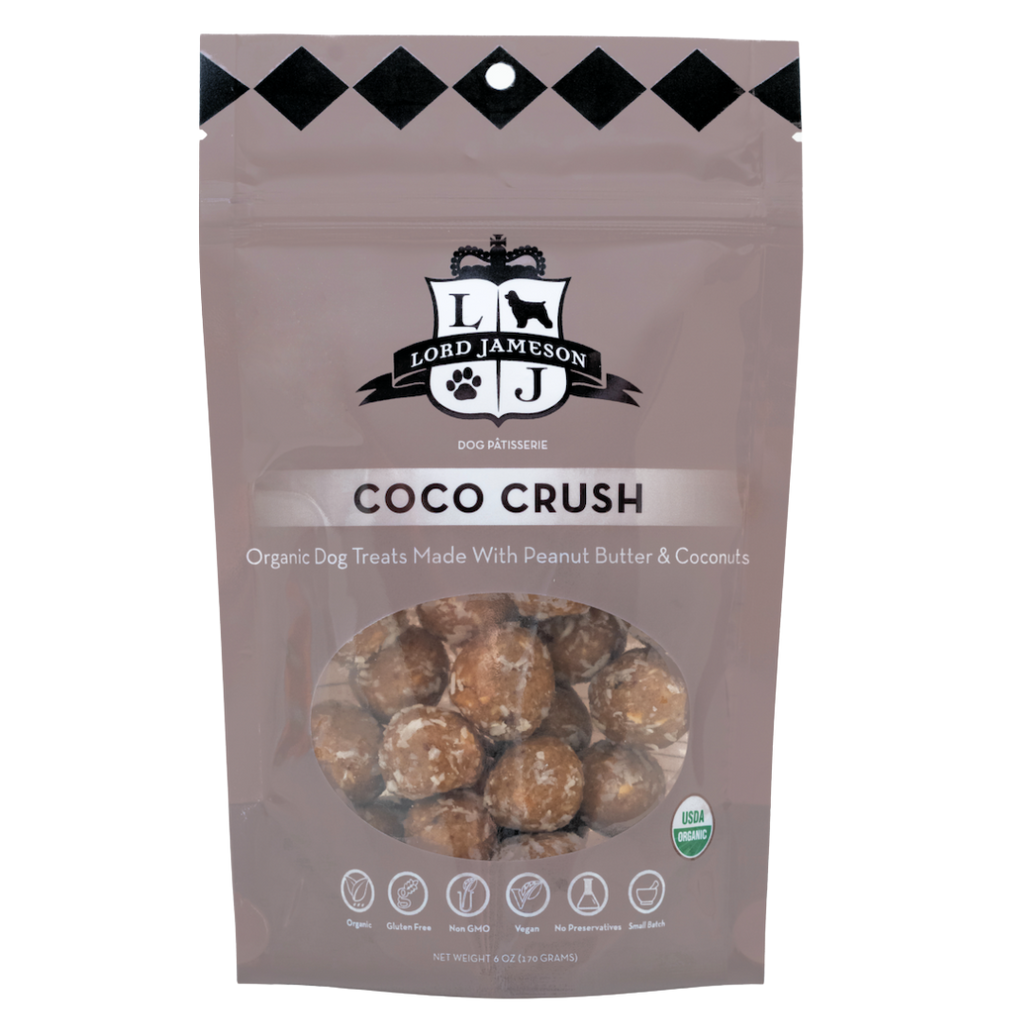 Find out more about Lord Jameson's coco crush organic dog treats taste of the tropics made with coconuts and gluten-free rolled oats and roasted peanuts to keep your furry friend healthy. 